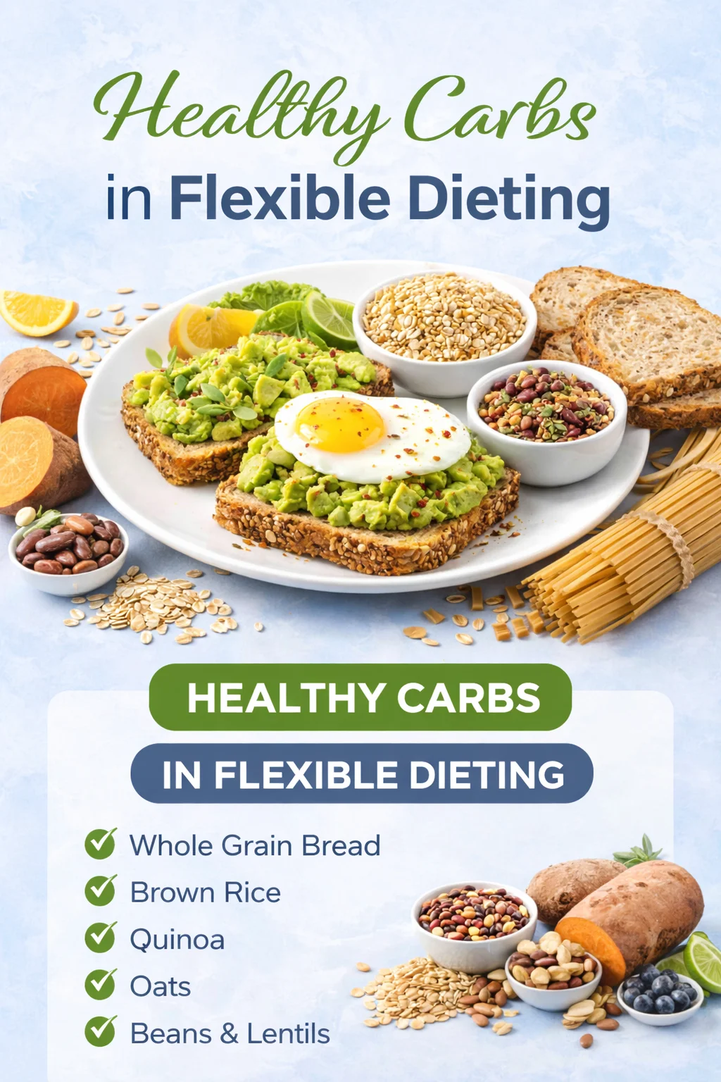 Healthy carbs in flexible dieting infographic showcasing whole grain bread, brown rice, quinoa, oats, and beans.