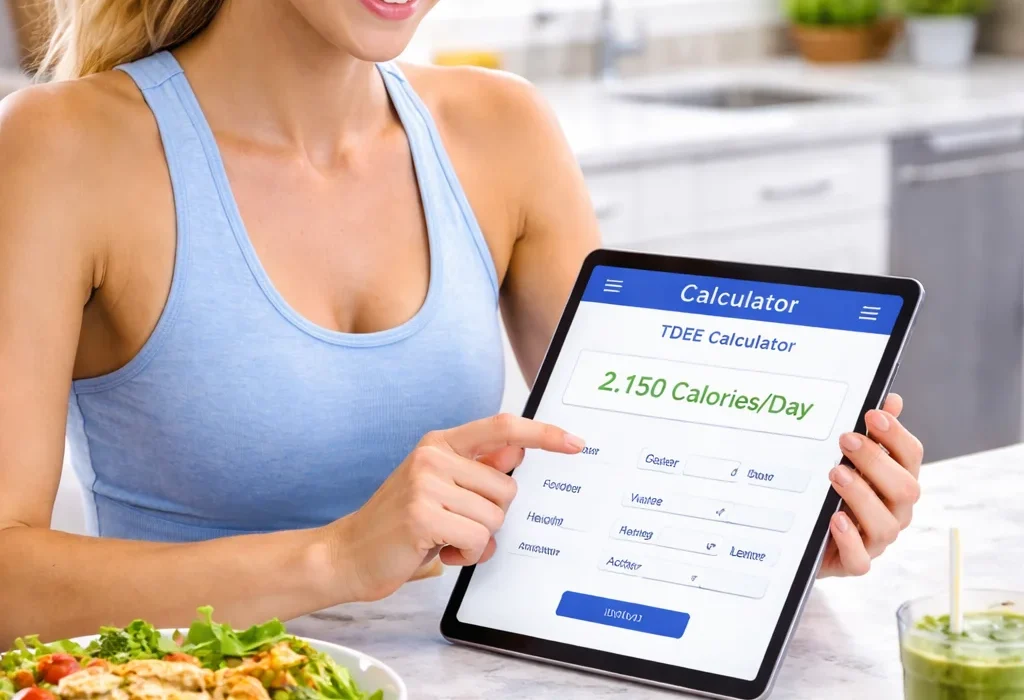 Smiling woman using a tablet to track calories with a TDEE calculator, surrounded by healthy foods like salads, avocado, and berries.