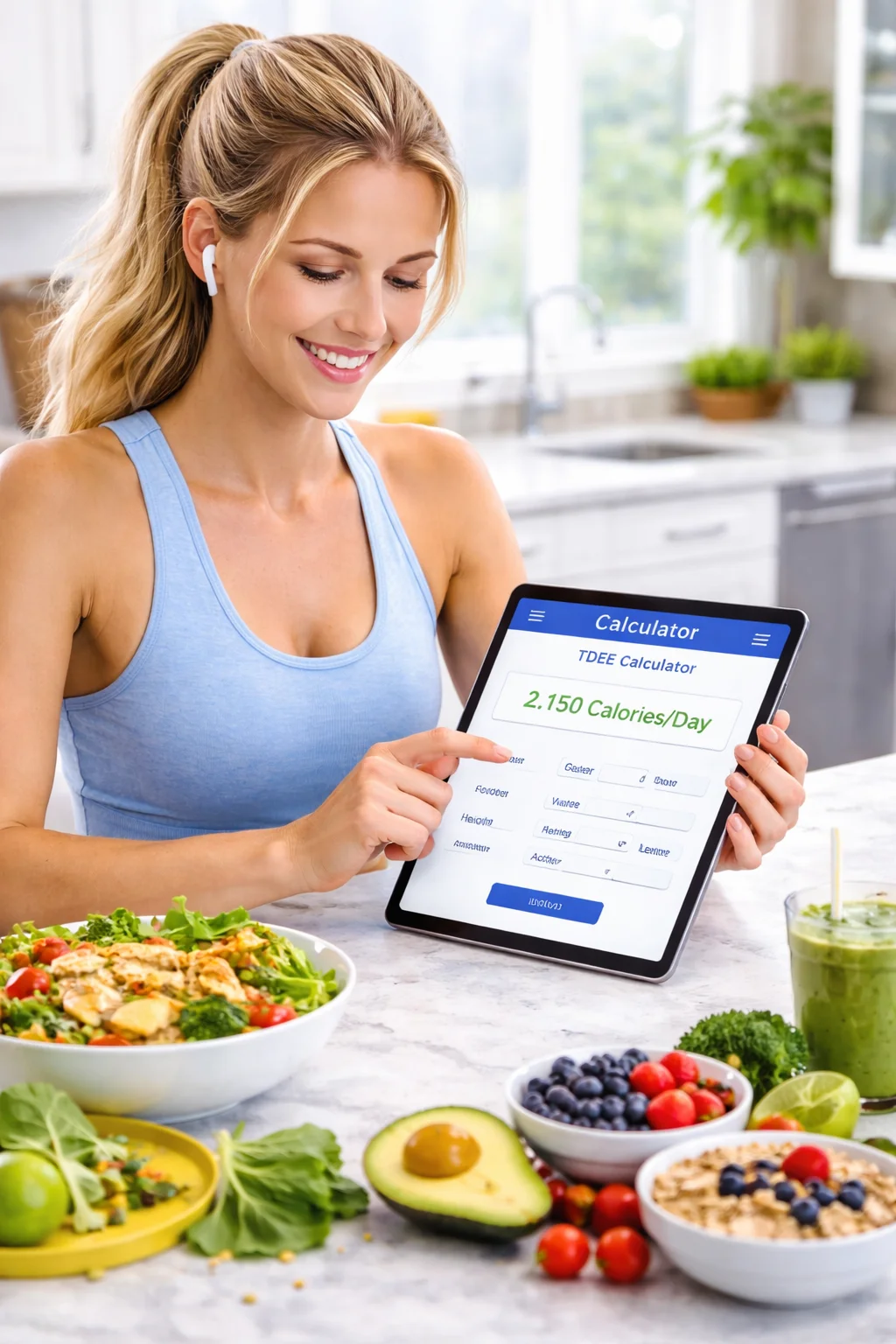 Smiling woman using a tablet to track calories with a TDEE calculator, surrounded by healthy foods like salads, avocado, and berries.