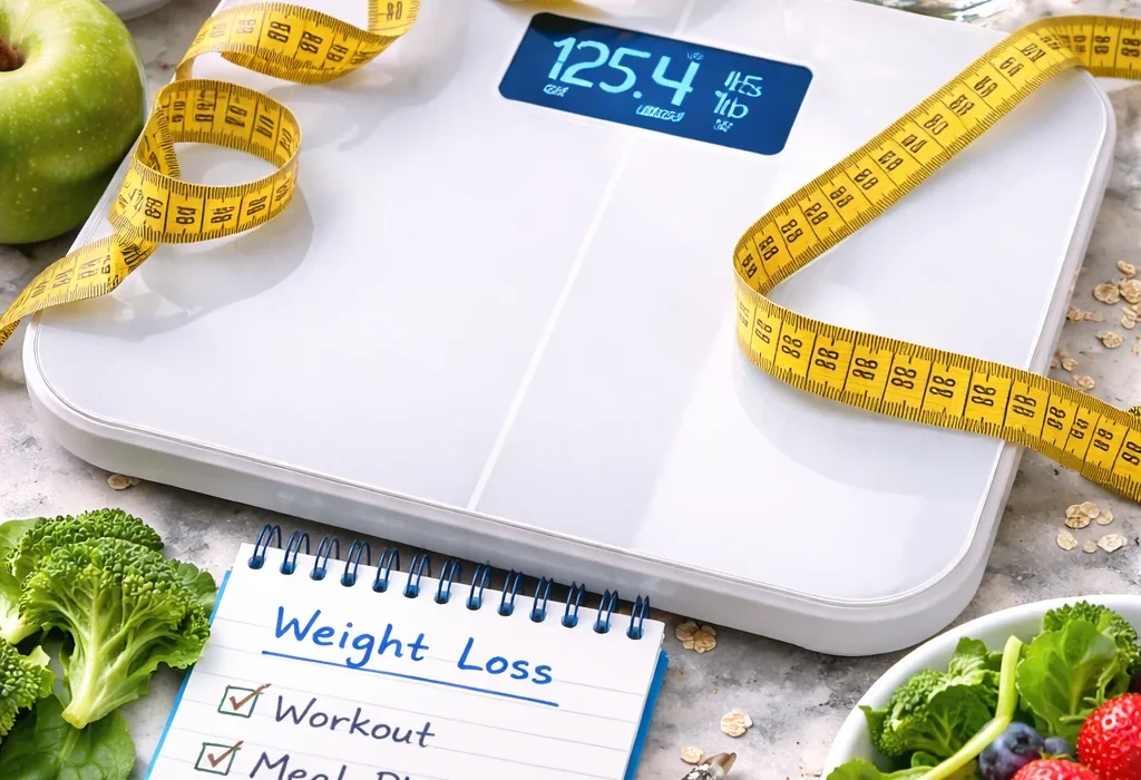 A white digital scale showing 125.4 pounds surrounded by healthy foods like fruits, vegetables, nuts, and a water bottle, with a notepad listing weight loss goals including workout, meal plan, and water intake.