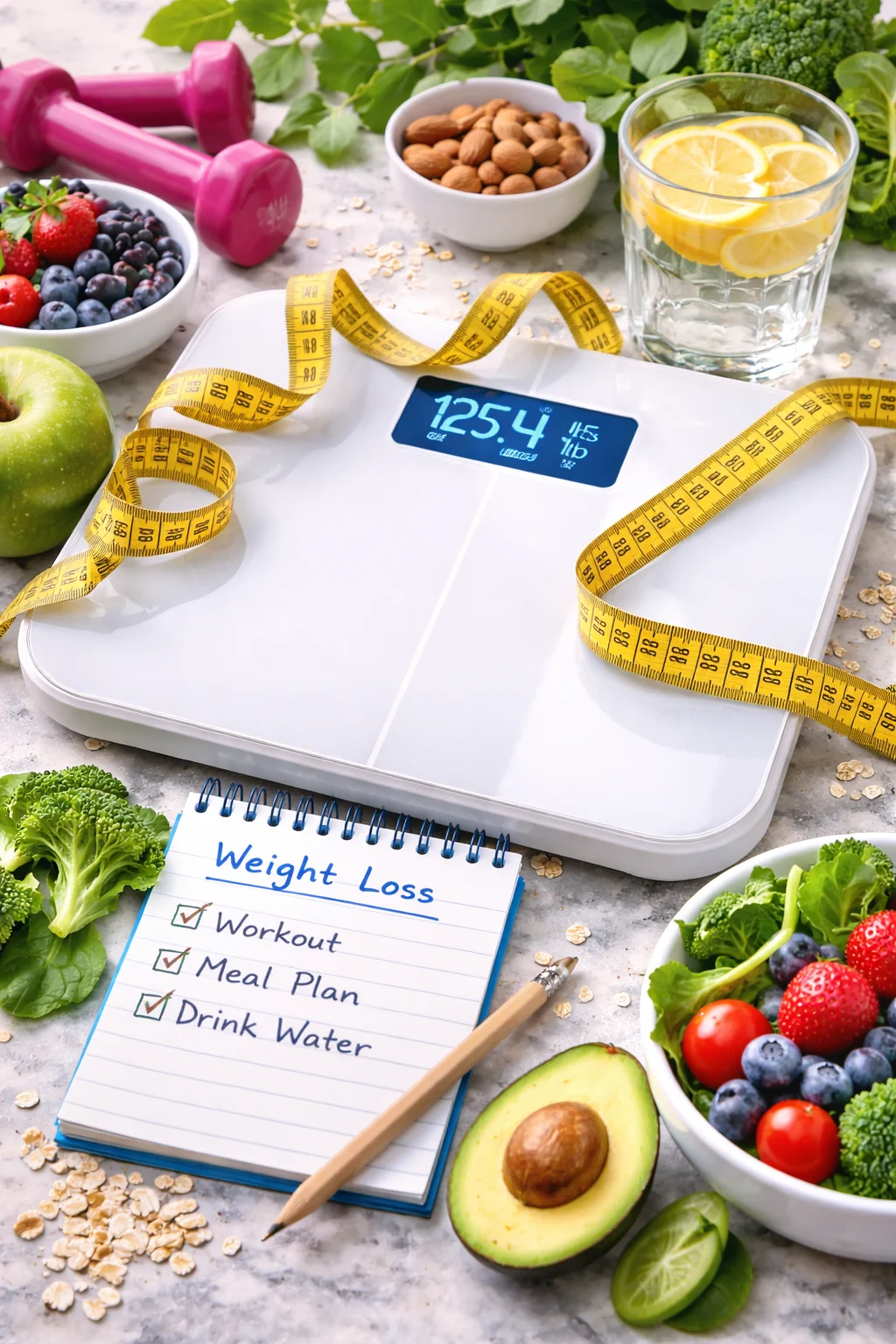 A white digital scale showing 125.4 pounds surrounded by healthy foods like fruits, vegetables, nuts, and a water bottle, with a notepad listing weight loss goals including workout, meal plan, and water intake.