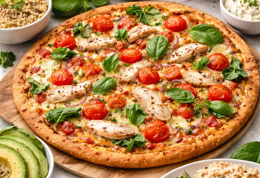 healthy meal with grilled chicken pizza, fresh veggies, and fruits