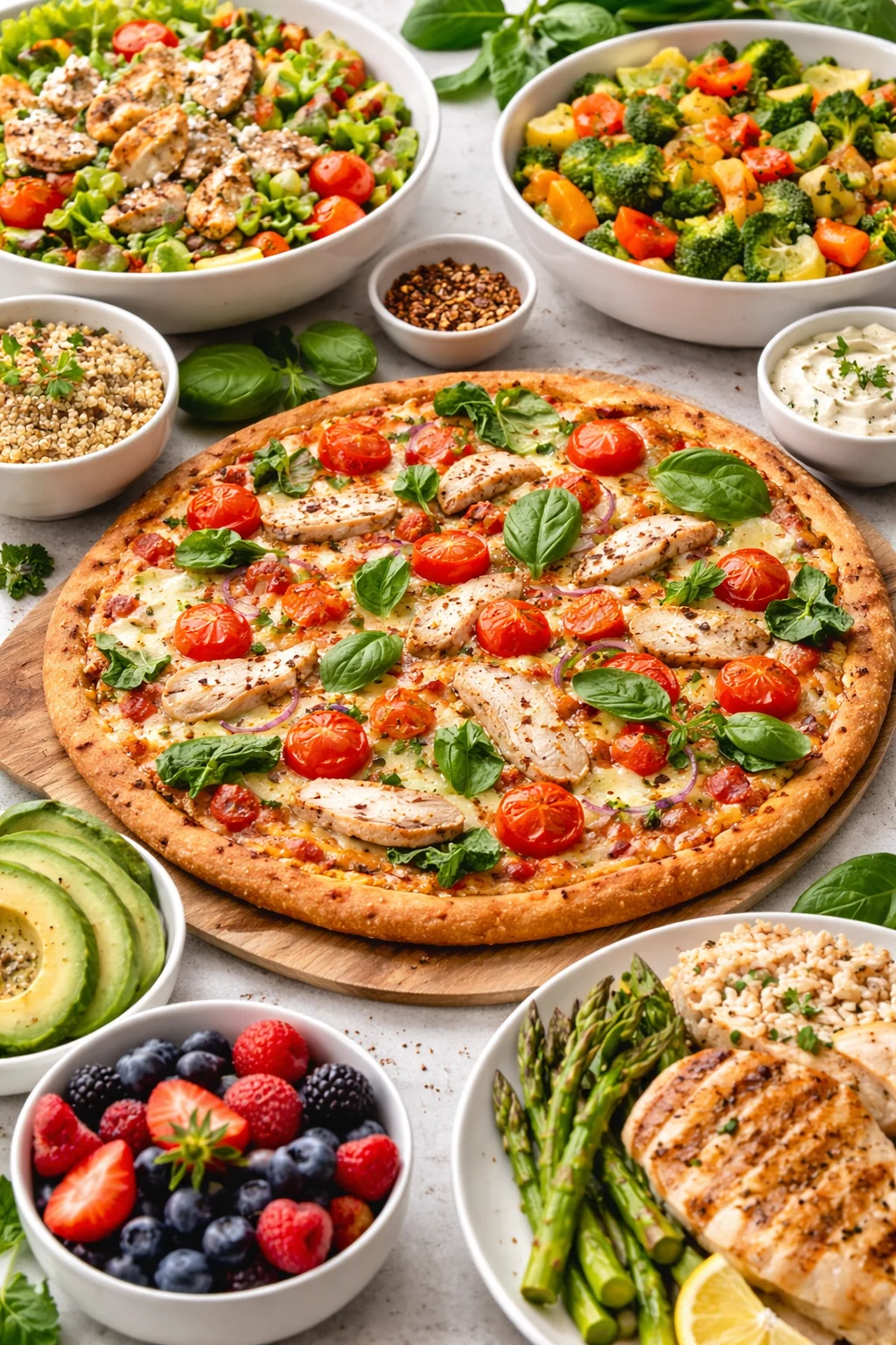 healthy meal with grilled chicken pizza, fresh veggies, and fruits