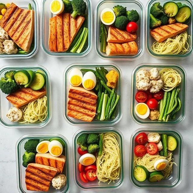 An overhead view of ten glass meal prep containers organized in rows, each filled with balanced portions of grilled salmon, boiled eggs, broccoli, zucchini, and noodles.