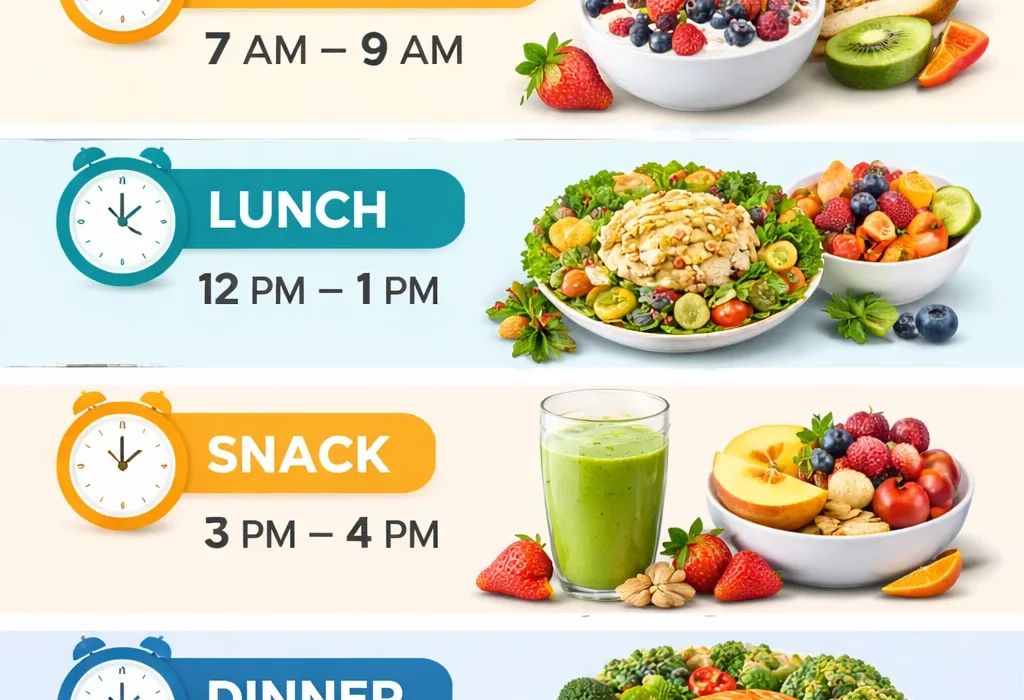Healthy meal timing infographic showing breakfast, lunch, snack, and dinner times along with meal suggestions.