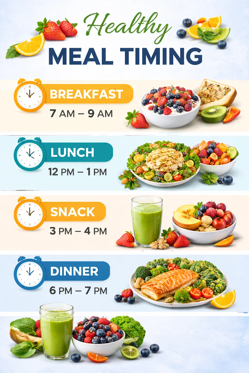 Healthy meal timing infographic showing breakfast, lunch, snack, and dinner times along with meal suggestions.
