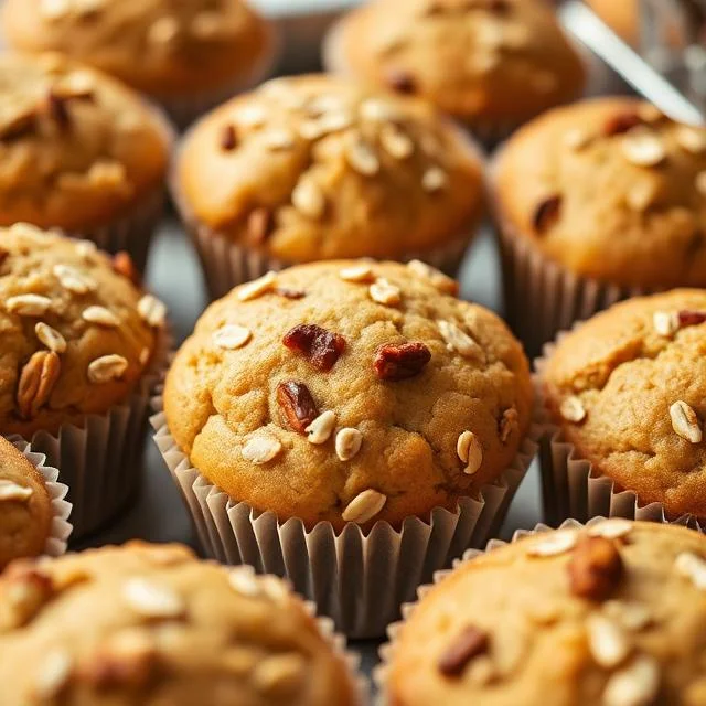 A close-up shot of several golden-brown muffins in paper liners, topped with rolled oats and small pieces of nuts, arranged on a baking rack.