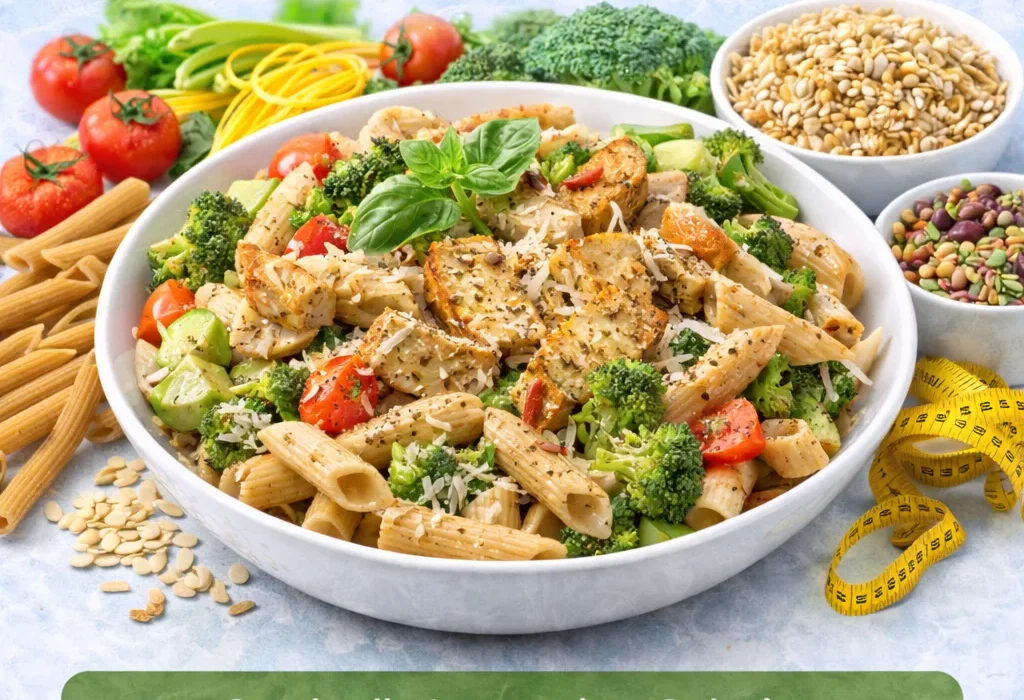 Infographic showing healthy pasta meal for reverse dieting, including nutrients like vegetables and protein-rich ingredients.
