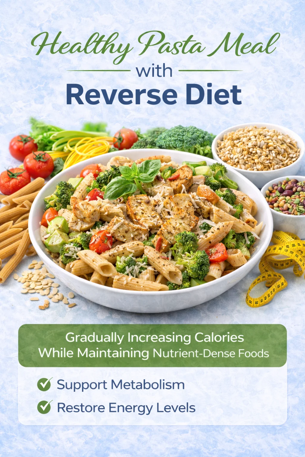 Infographic showing healthy pasta meal for reverse dieting, including nutrients like vegetables and protein-rich ingredients.