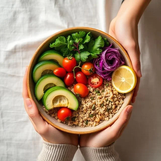 A top-down view of a person holding a wooden bowl filled with cooked quinoa, sliced avocado, cherry tomatoes, fresh greens, purple cabbage, and a lemon slice.