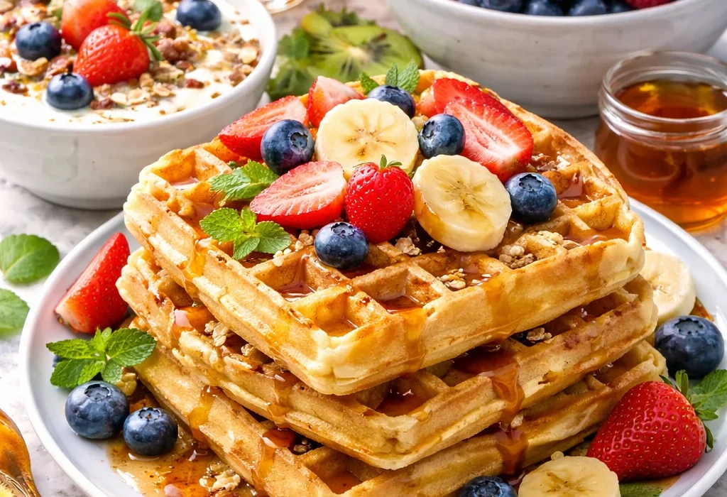 Stacked waffles topped with fresh strawberries, bananas, blueberries, and syrup, with bowls of granola, fruit, and orange juice in the background.