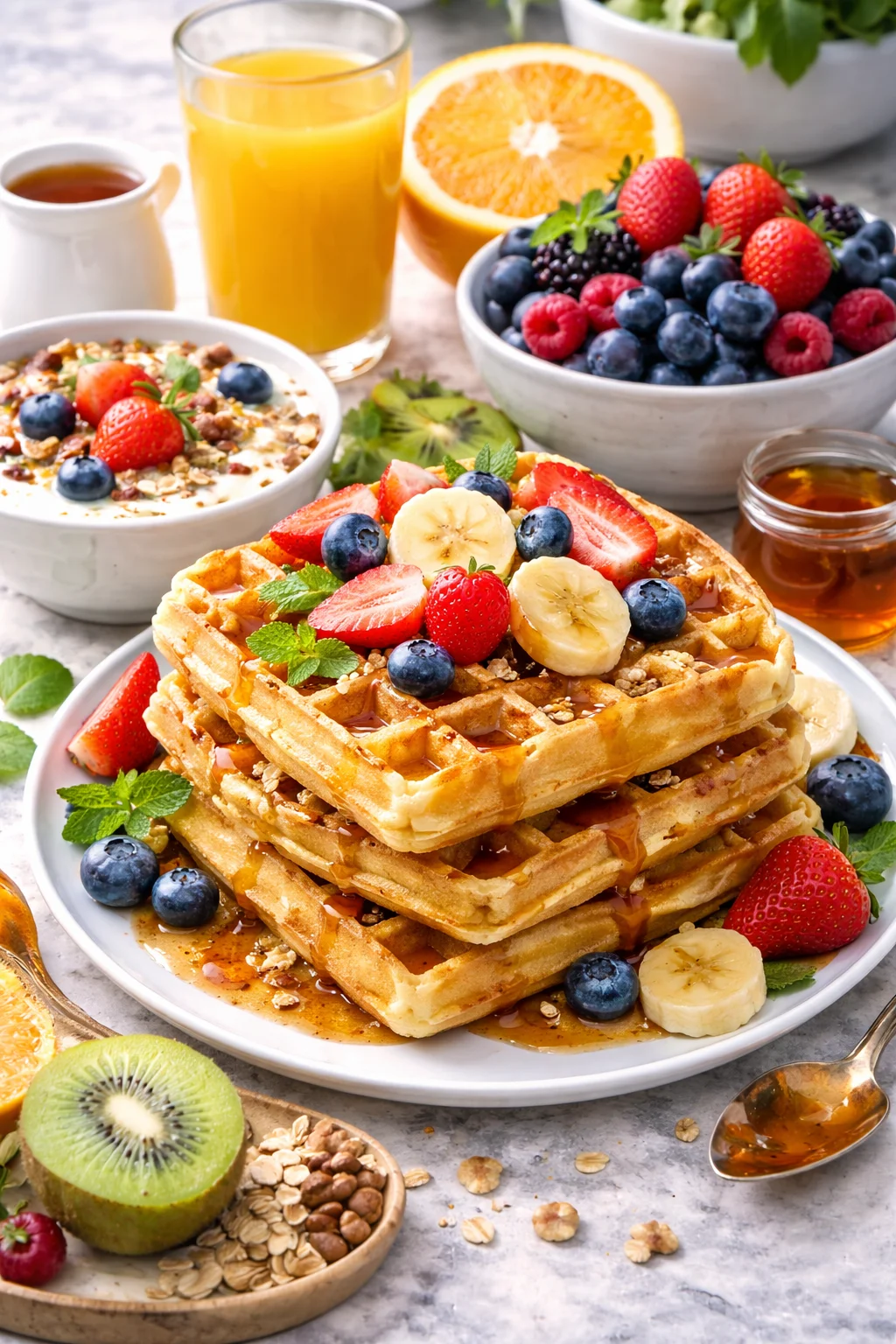 Stacked waffles topped with fresh strawberries, bananas, blueberries, and syrup, with bowls of granola, fruit, and orange juice in the background.