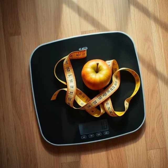 A top-down view of a black digital bathroom scale on a wooden floor, with a fresh red apple and a yellow measuring tape resting on top of it.