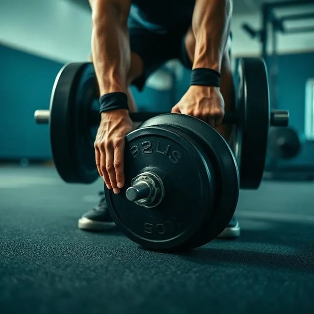 A close-up of a person's hands gripping a heavy barbell with large black weight plates on a gym floor, preparing for a deadlift.