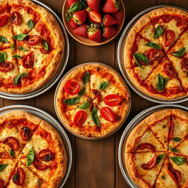 A top-down view of five small, individual-sized Margherita pizzas topped with melted cheese, tomato slices, and fresh basil leaves, arranged on a dark wooden table with a small bowl of strawberries.