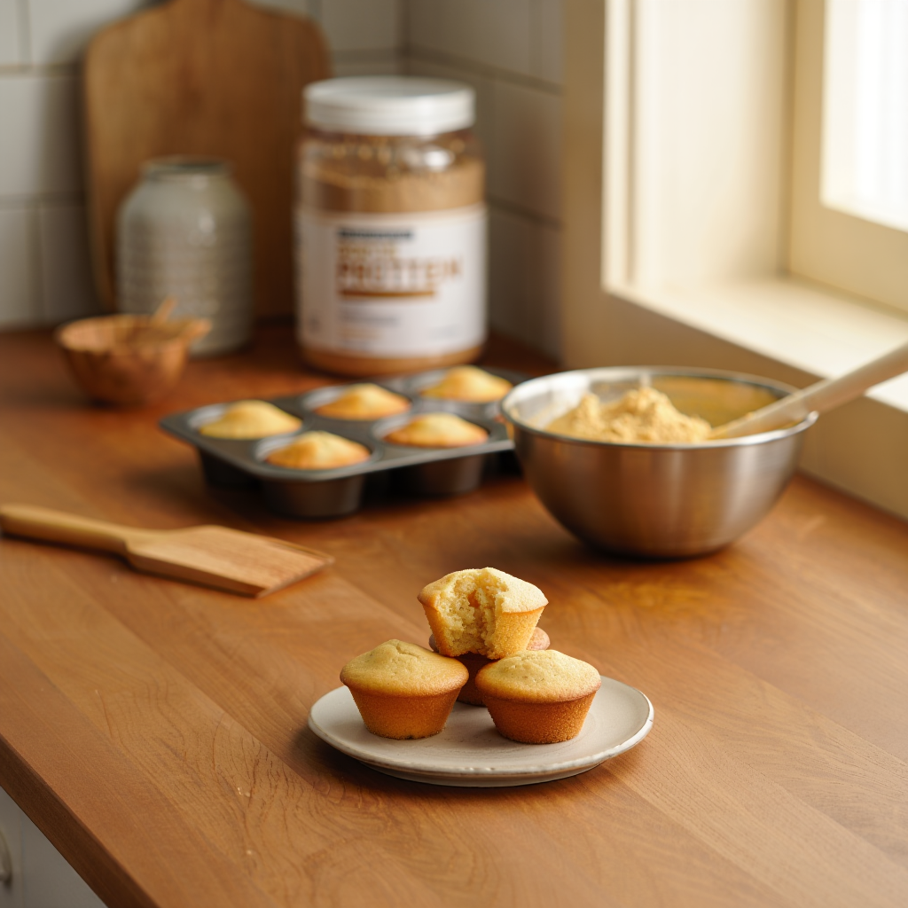 Three freshly baked golden-brown muffins stacked on a small plate in a kitchen, with a muffin tin and a container of protein powder in the blurred background.