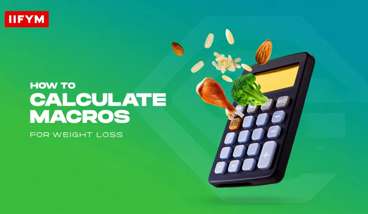 A green and teal background graphic featuring a 3D calculator with floating healthy food items like broccoli, chicken, and almonds, with the text "How to Calculate Macros for Weight Loss" and the IIFYM logo.