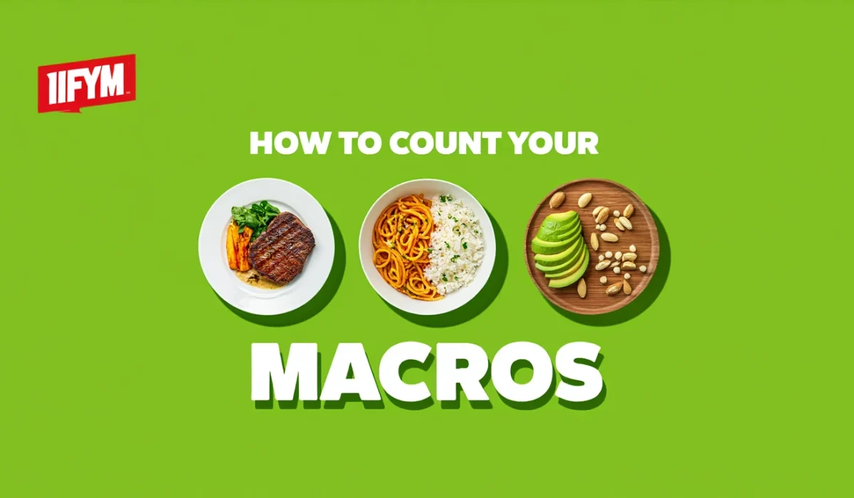 A green background graphic featuring three plates representing proteins (steak), carbohydrates (pasta and rice), and fats (avocado and nuts), with the text "How to Count Your Macros" and the IIFYM logo.