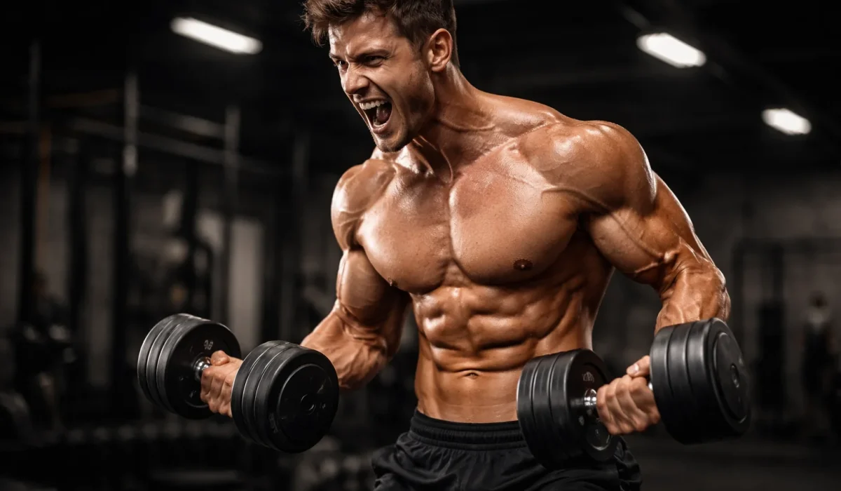 man lifting dumbbells muscle building strength training iifym fitness