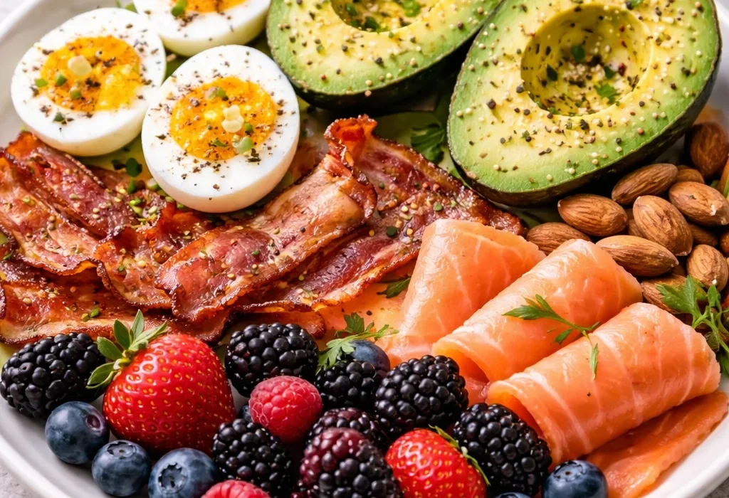 keto breakfast with avocado, bacon, smoked salmon, boiled eggs, and berries