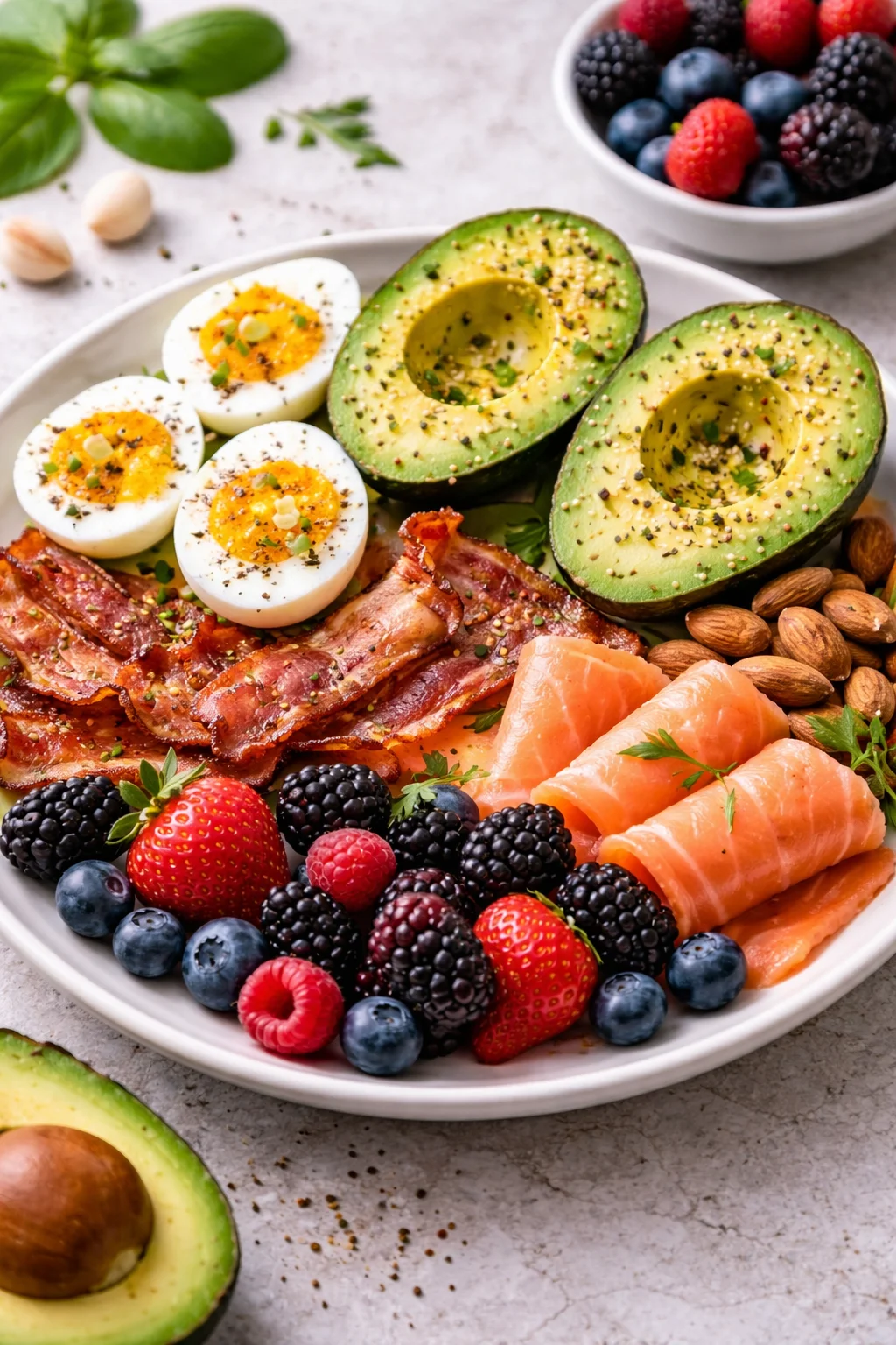keto breakfast with avocado, bacon, smoked salmon, boiled eggs, and berries