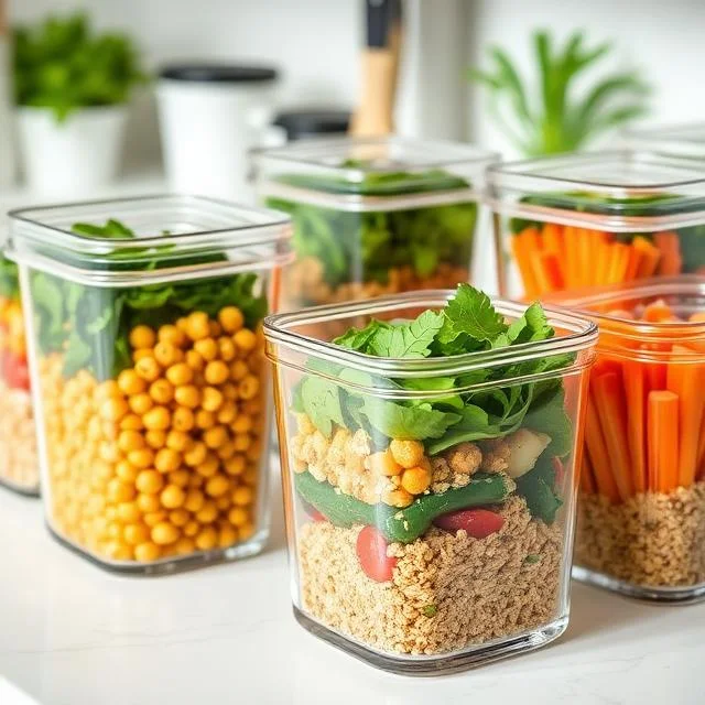 Several clear square glass containers filled with layered meal prep ingredients, including quinoa, chickpeas, fresh spinach, and sliced carrots, arranged on a white kitchen counter.