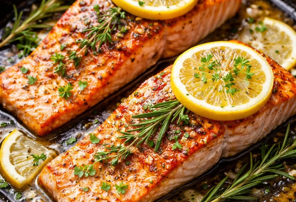 lemon rosemary salmon fillets cooking in pan for healthy meal