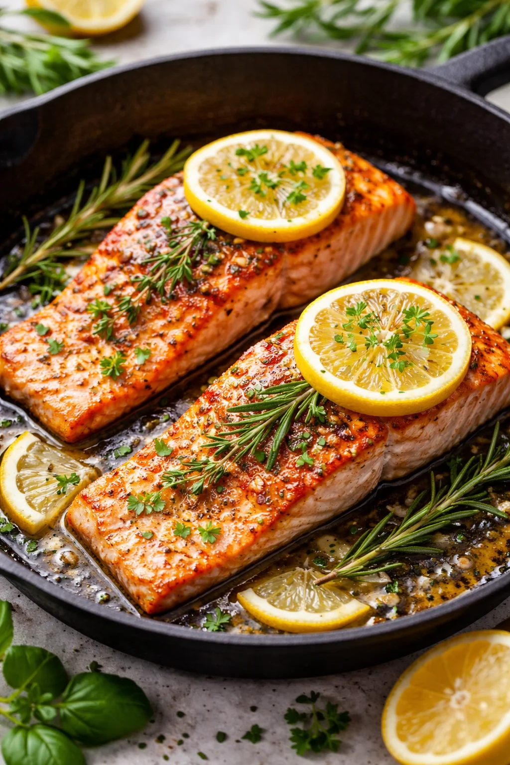 lemon rosemary salmon fillets cooking in pan for healthy meal