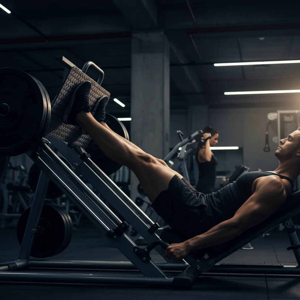 A muscular man sitting in a leg press machine at a professional gym, pushing a heavy weight with his legs extended.