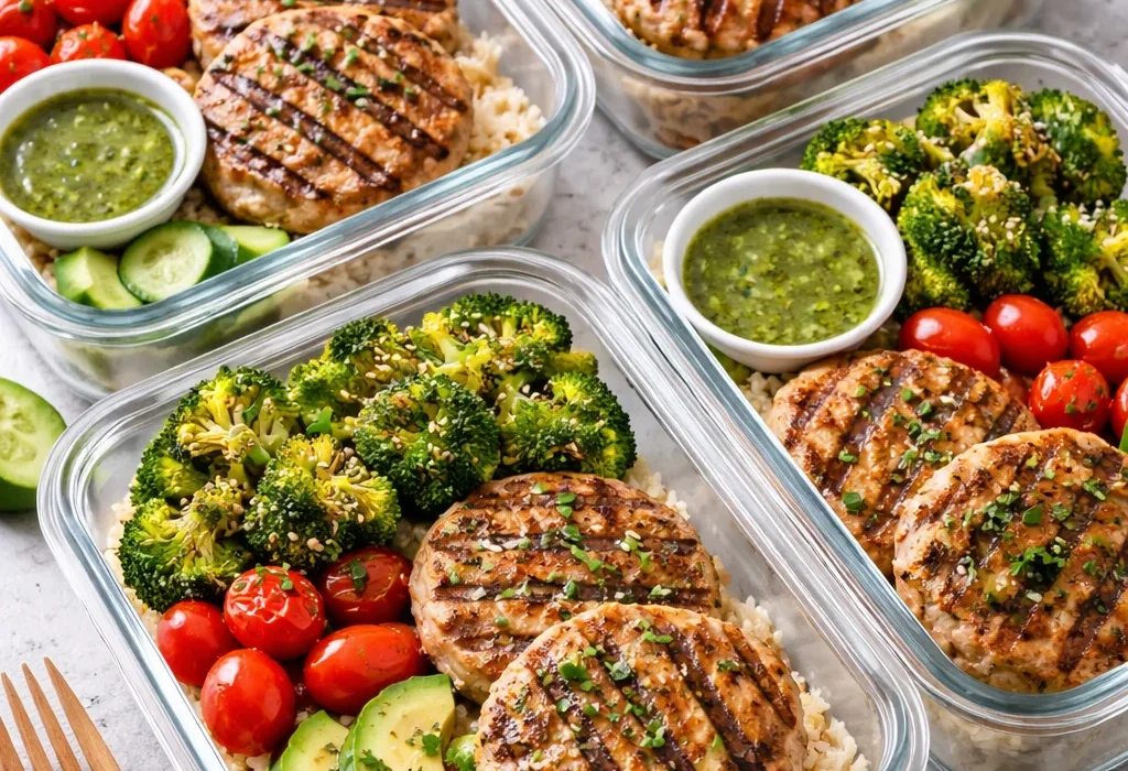 healthy meal prep with grilled chicken, broccoli, cucumber, and cherry tomatoes
