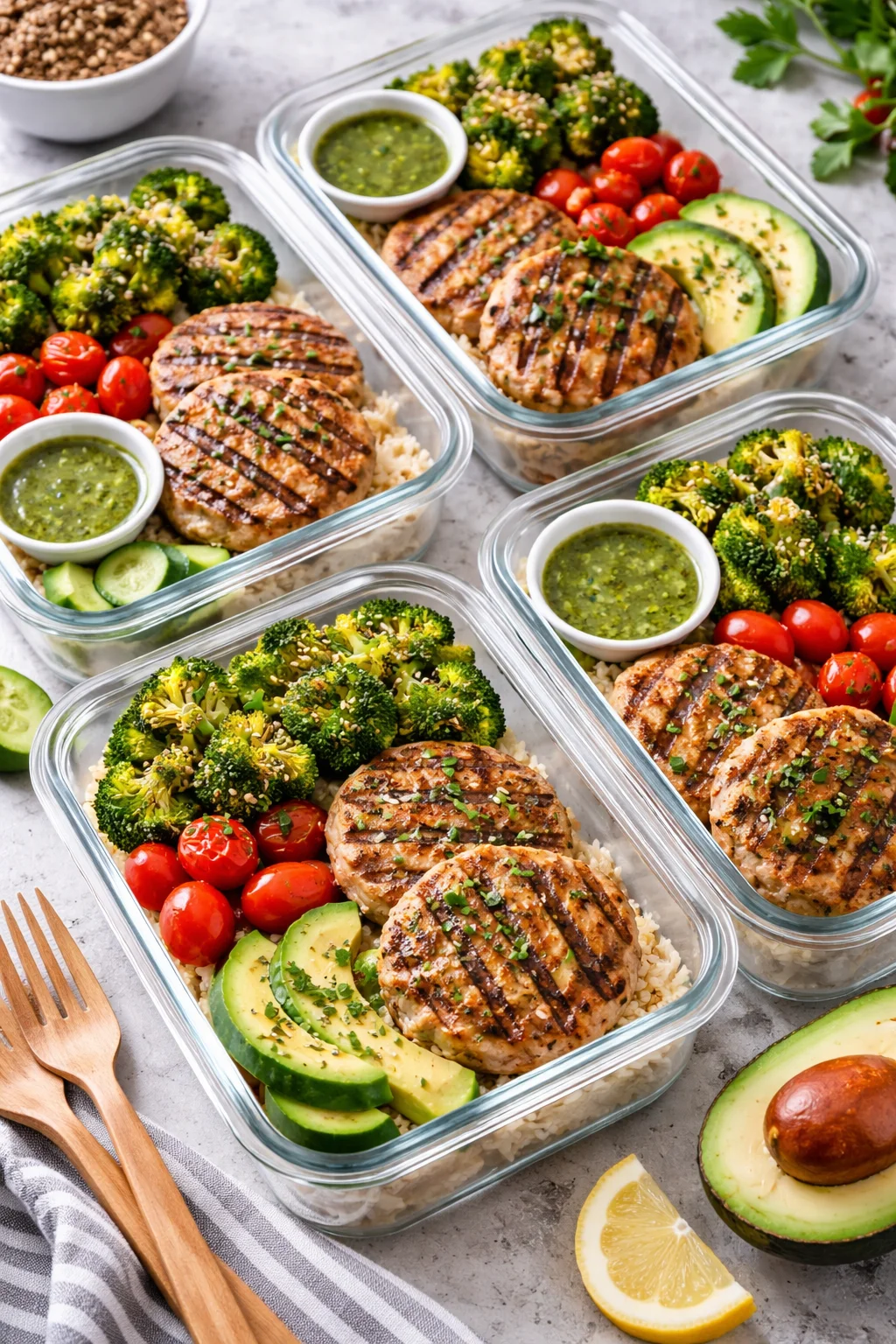 healthy meal prep with grilled chicken, broccoli, cucumber, and cherry tomatoes