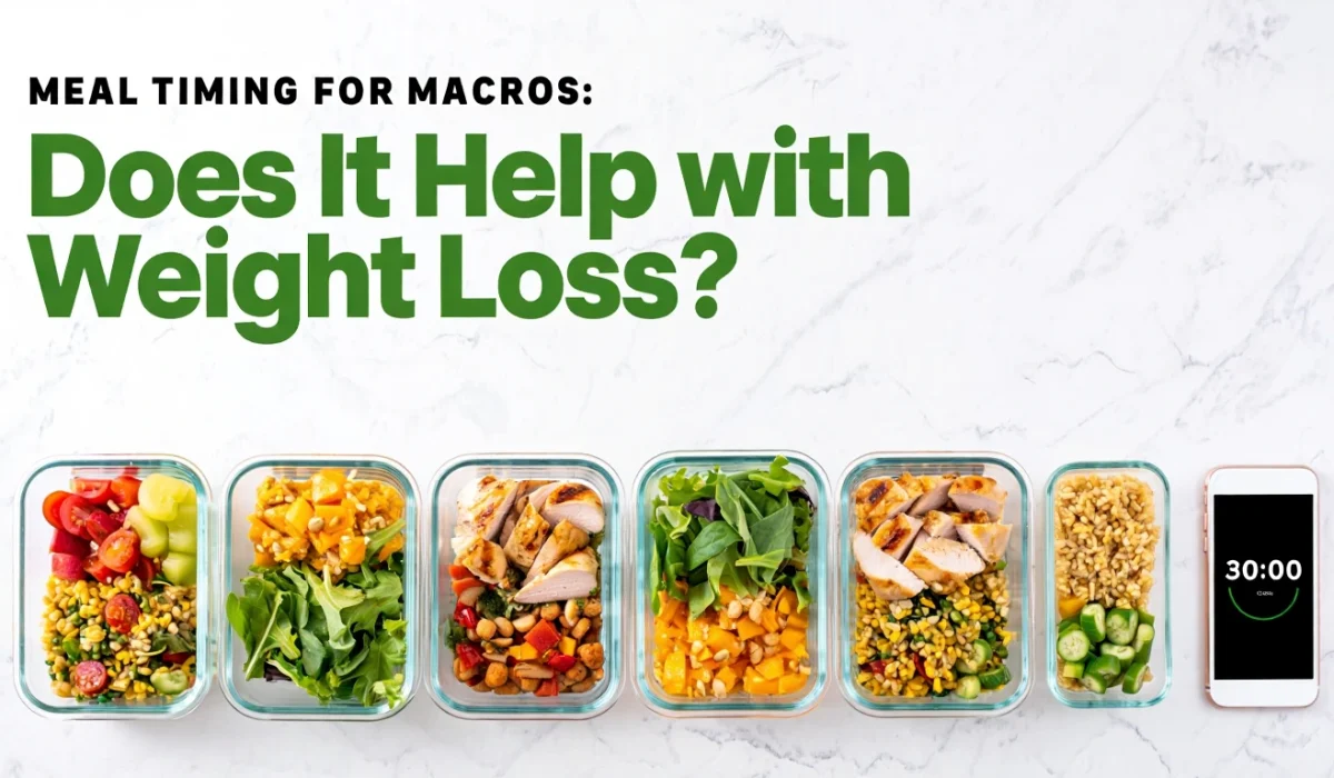 Six glass meal prep containers filled with various healthy foods like chicken, corn, tomatoes, and greens, next to a smartphone showing a 30-minute timer.