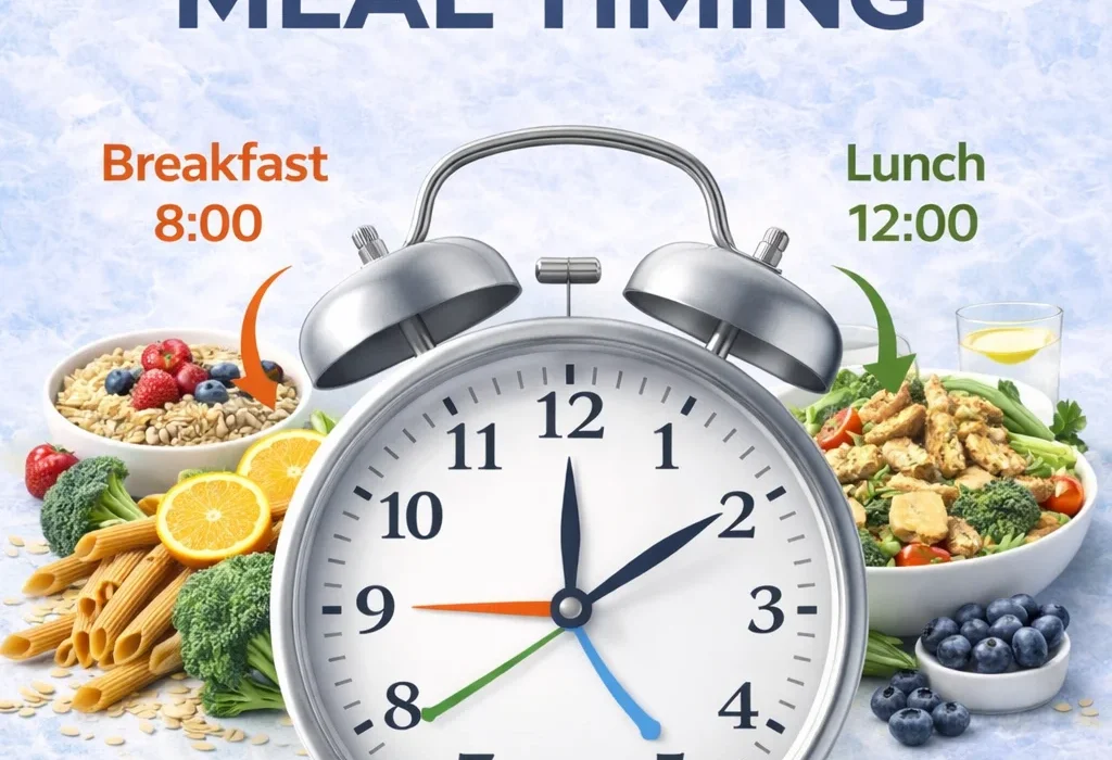 Clock illustration showing meal timing with healthy foods. Breakfast at 8:00 AM, Lunch at 12:00 PM, and Dinner at 6:00 PM.