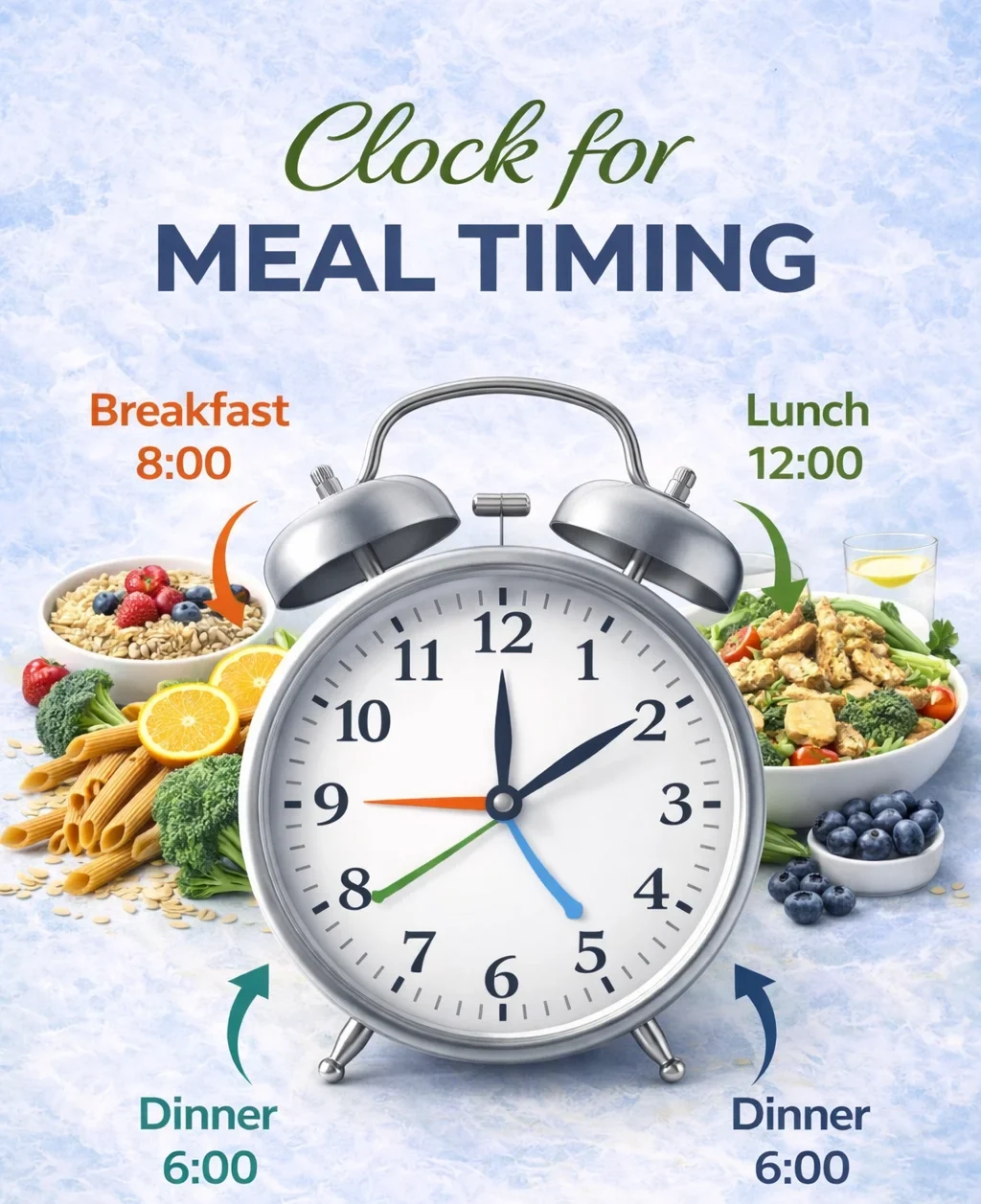 Clock illustration showing meal timing with healthy foods. Breakfast at 8:00 AM, Lunch at 12:00 PM, and Dinner at 6:00 PM.