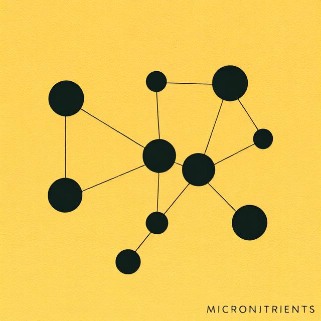 A minimalist graphic on a bright yellow background featuring interconnected black circles of varying sizes, with the word "MICRONUTRIENTS" in small capital letters at the bottom right.