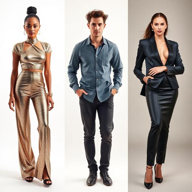 A collage of three models showcasing different fashion styles: a woman in a gold metallic two-piece set, a man in a blue button-down shirt and black trousers, and a woman in a sleek navy blue skirt suit.
