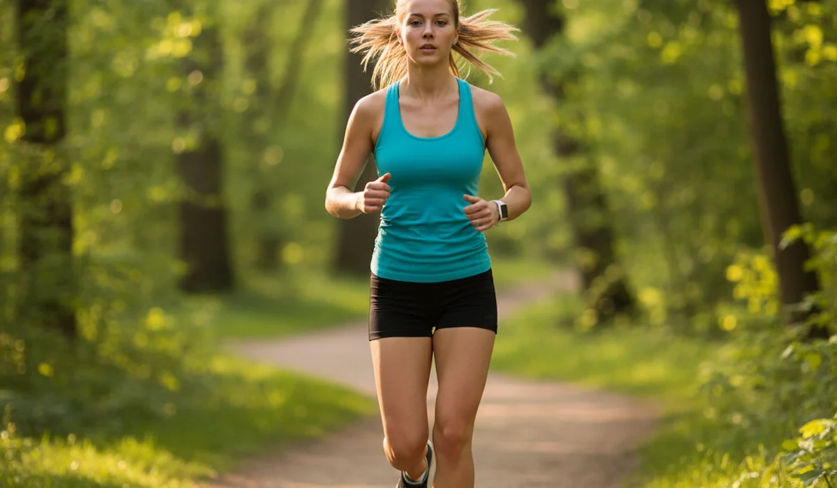 A fit young woman with blonde hair in a blue tank top and black shorts jogging down a sun-dappled dirt path in a lush green forest.