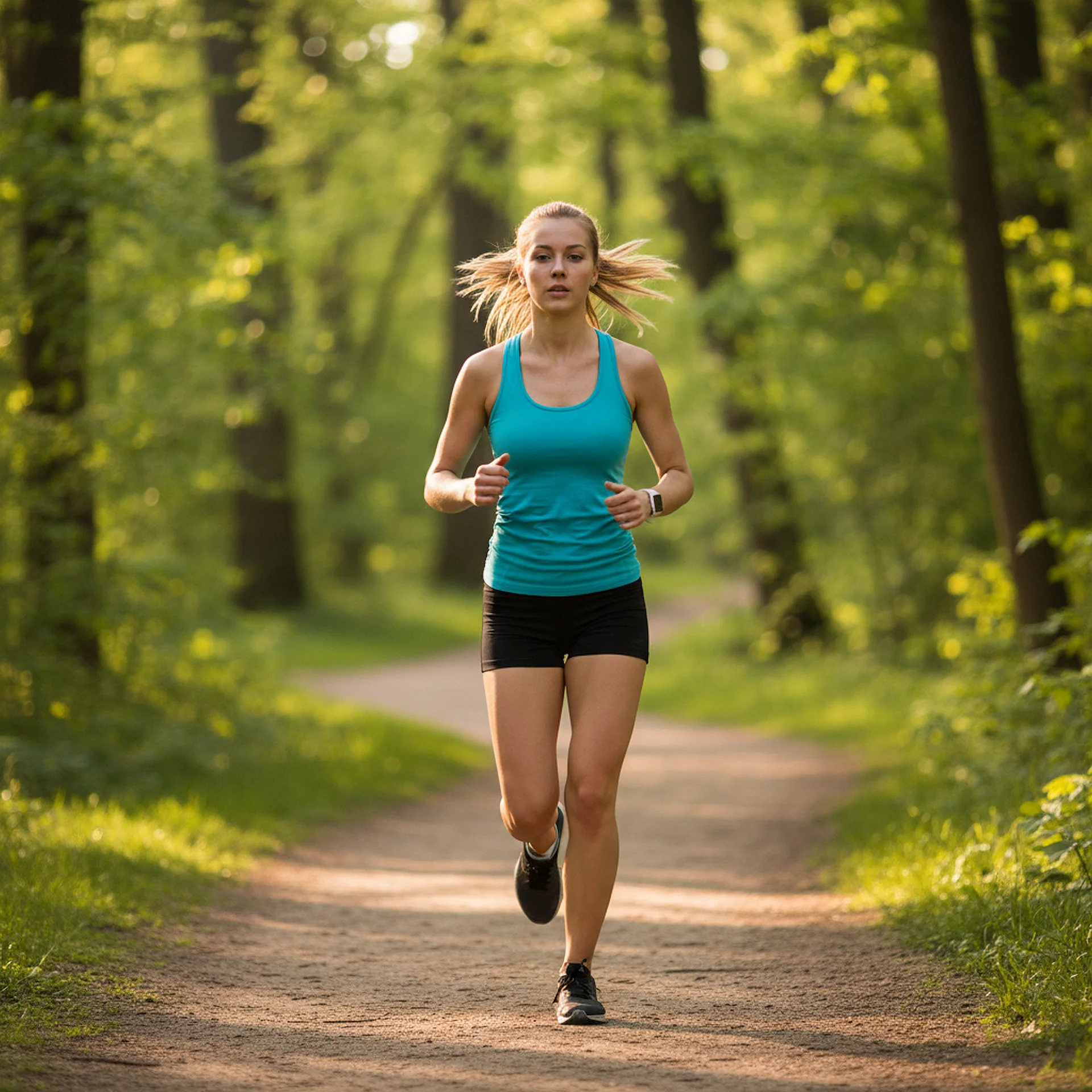 A fit young woman with blonde hair in a blue tank top and black shorts jogging down a sun-dappled dirt path in a lush green forest.