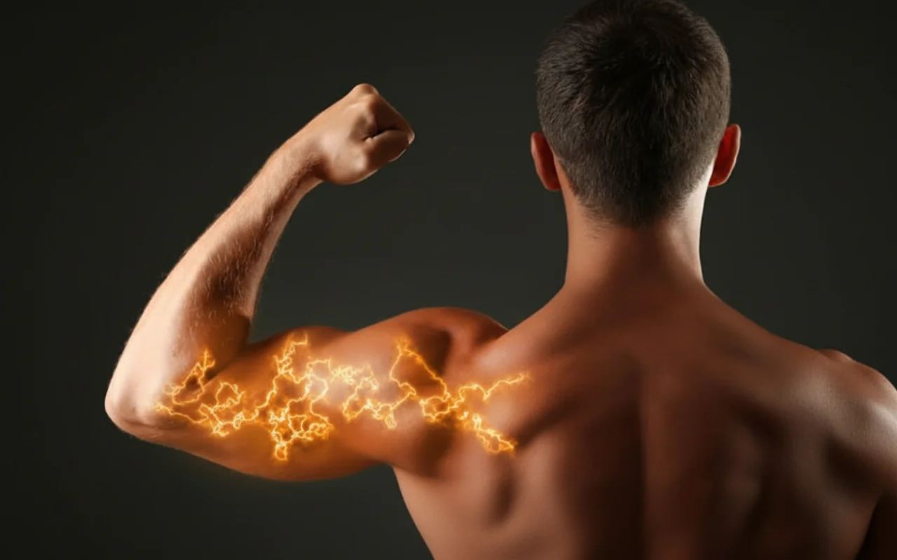 A rear view of a muscular man flexing his right arm and shoulder with a glowing orange lightning effect overlaying the triceps and upper back muscles.