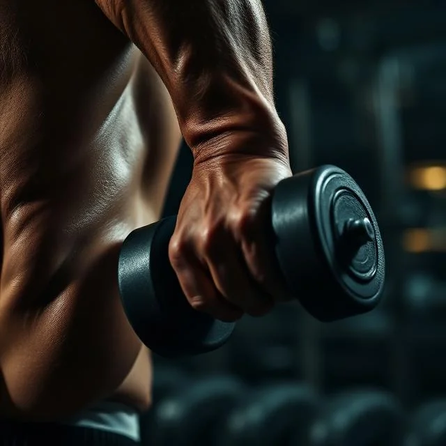A close-up of a muscular man's arm and torso as he grips and lifts a heavy dumbbell during a strength training workout in a gym.