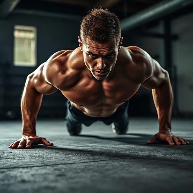A close-up, low-angle shot of a highly muscular man performing a pushup on a gym floor, with an intense expression and defined chest and shoulder muscles.
