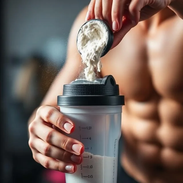 Close-up of a muscular man pouring a scoop of white protein powder into a shaker bottle, with his defined abdominal muscles visible in the blurred background.