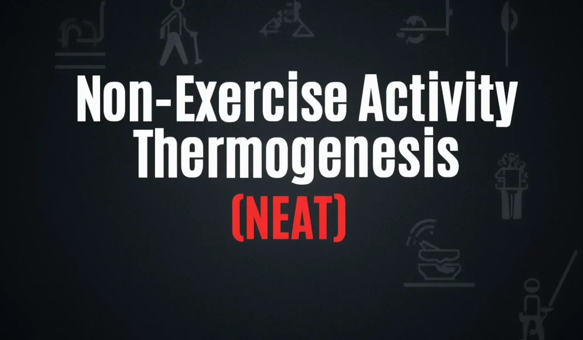 A dark background with the text "Non-Exercise Activity Thermogenesis (NEAT)" in bold white and red letters, surrounded by subtle grey icons representing daily activities like walking and cleaning.