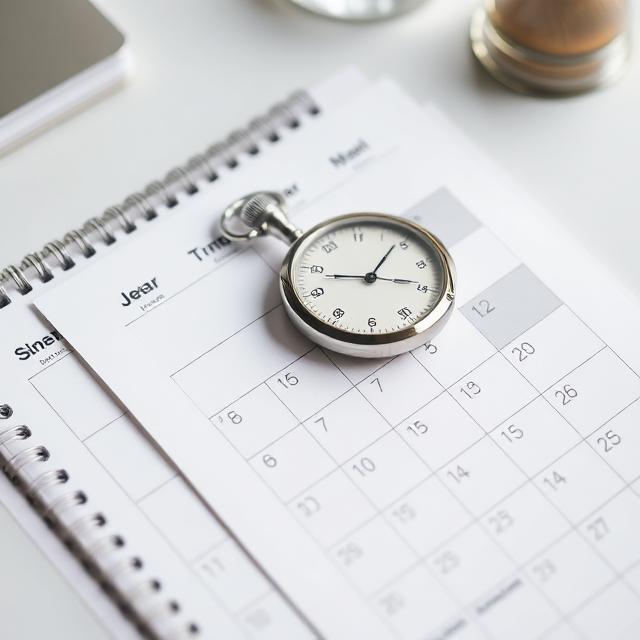 A silver pocket watch resting on top of a spiral-bound monthly calendar planner on a bright white surface.