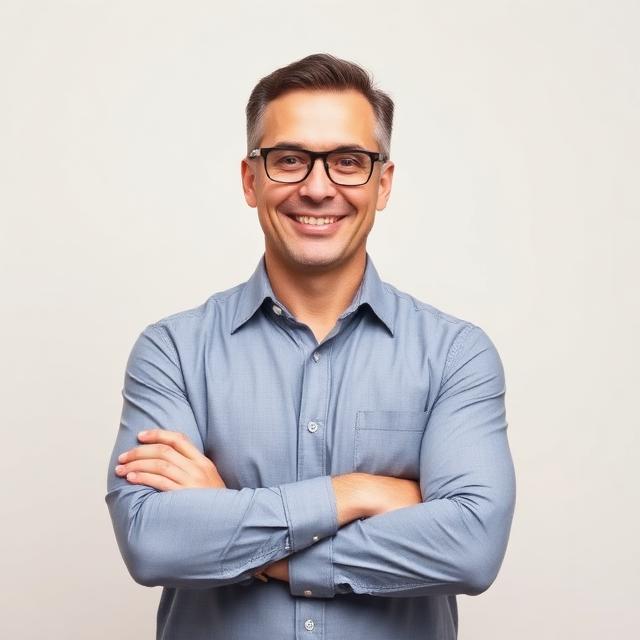 A smiling middle-aged man with short dark hair and glasses, wearing a blue button-down shirt, standing with his arms crossed against a plain white background.