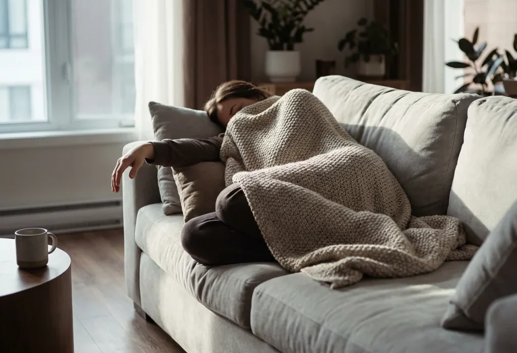 A person peacefully napping on a gray sofa, curled up under a thick, textured beige knit blanket in a sunlit living room with indoor plants in the background.