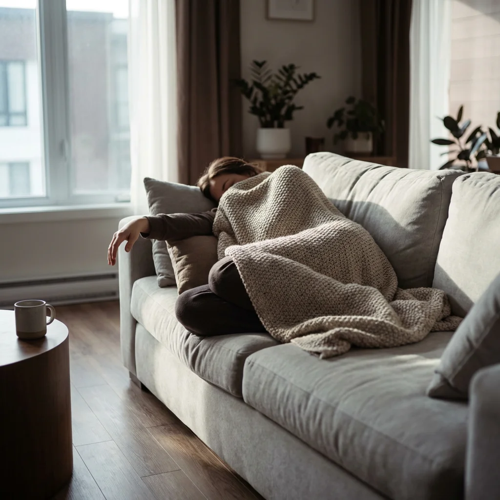 A person peacefully napping on a gray sofa, curled up under a thick, textured beige knit blanket in a sunlit living room with indoor plants in the background.