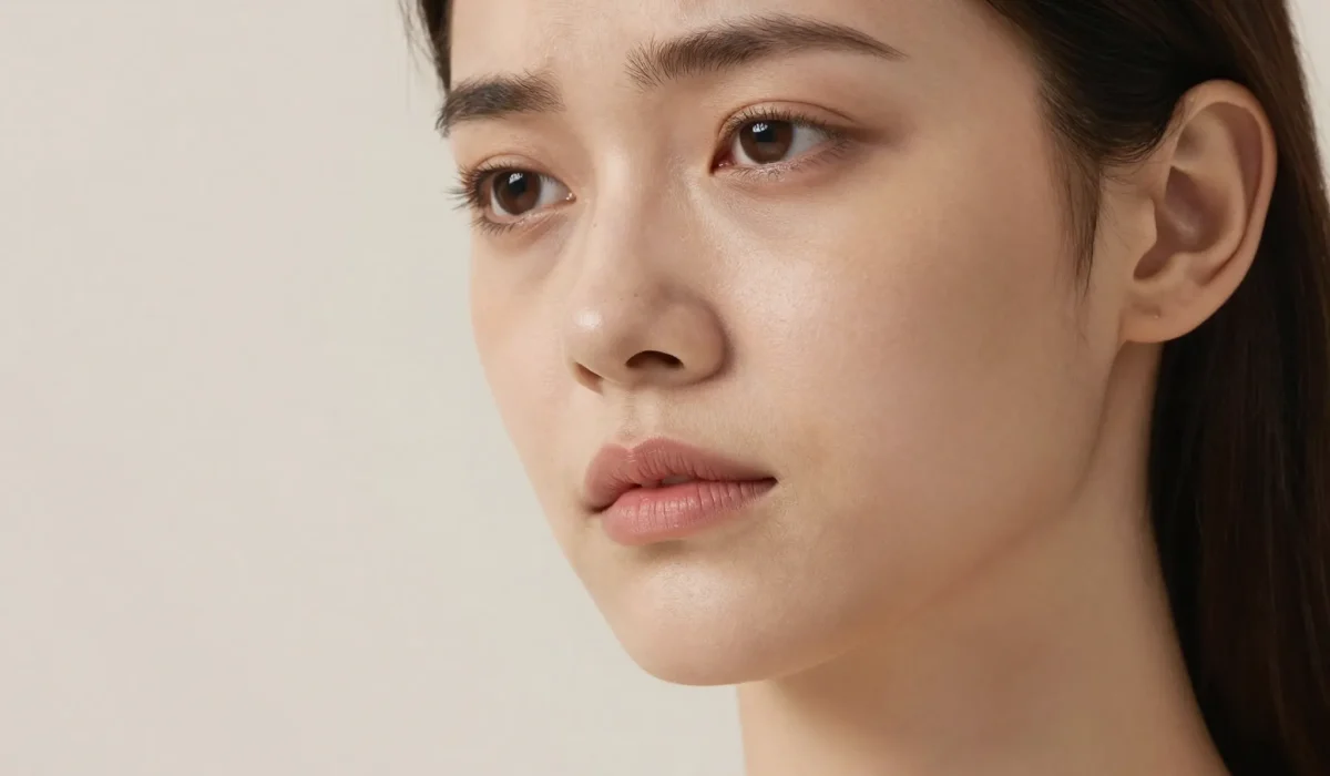 A close-up portrait of a young woman with dark hair and a neutral expression, looking slightly off-camera against a plain, light beige background.