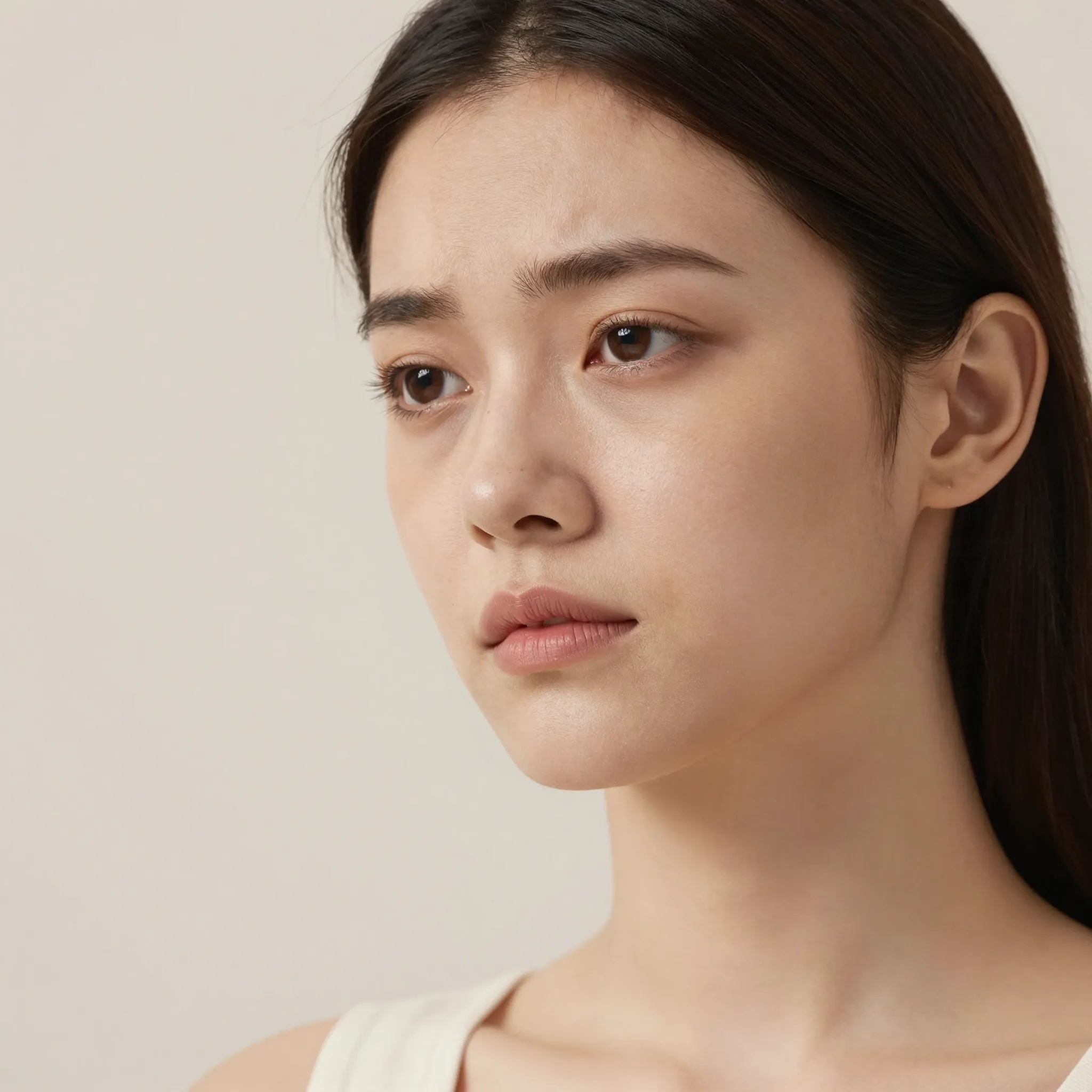 A close-up portrait of a young woman with dark hair and a neutral expression, looking slightly off-camera against a plain, light beige background.