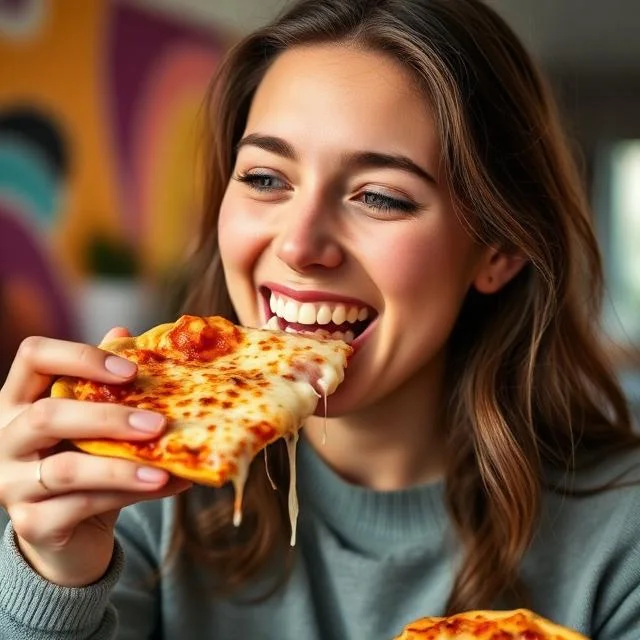 A close-up of a happy young woman with wavy brown hair taking a bite of a cheesy, thin-crust pizza slice with melted cheese stretching from the crust.